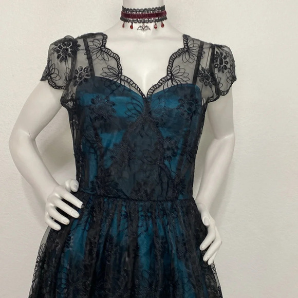 Voodoo Vixen NEW Black Teal Embroidered Lace Overlay Witchy Retro Pin Up Dress S - Picture 3 of 15